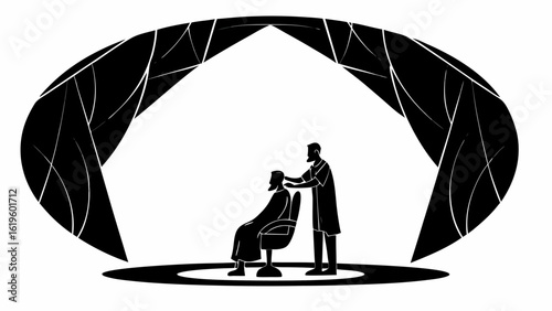 Barber giving a haircut to a seated customer under a stylized oval canopy in black and white style