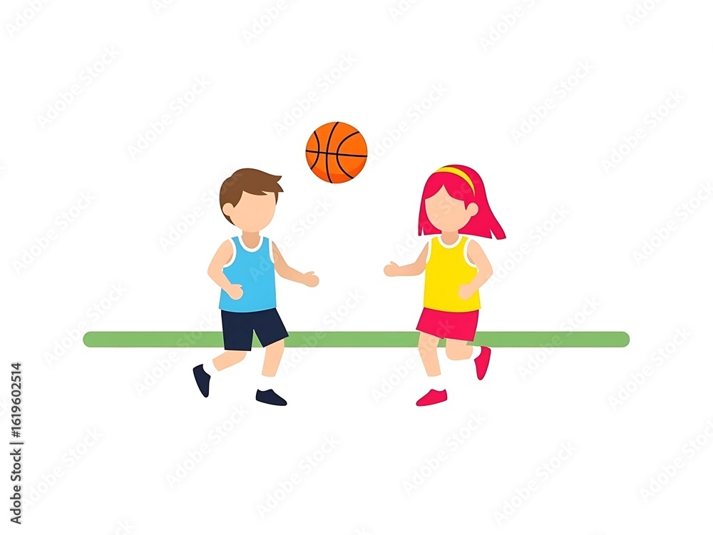 Fototapeta premium Children Playing Basketball Sport Fun Activity with a Ball Outdoor Illustration