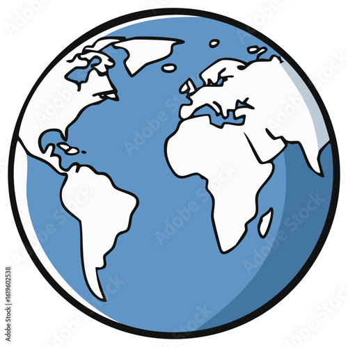 World Globe Outline Illustration: Blue Planet Earth, Continental Landmasses, and Global Geography