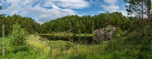 Panorama view of lake in Kristiansand Dyrepark in southern Norway