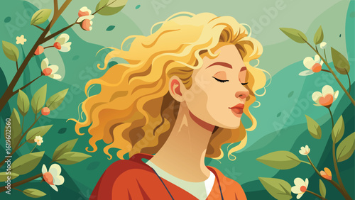 Woman with curly blonde hair enjoying nature and flowers