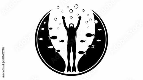 Silhouette of a scuba diver surrounded by fish and bubbles inside a circular frame design element
