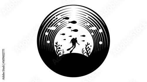 Silhouette of a scuba diver surrounded by fish and coral within a circular vinyl record design