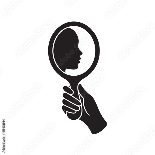 Black silhouette of a hand holding a mirror reflecting a profile reflection