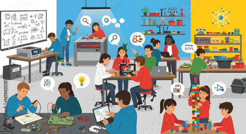 Kids and teens engaging in modern STEM education and collaborative learning