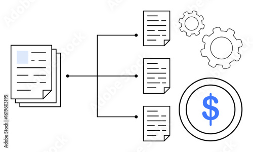 Document stack connected to split files, gears symbolizing processes, dollar sign for monetization. Ideal for workflow, automation, finance, file sharing, document management, process optimization