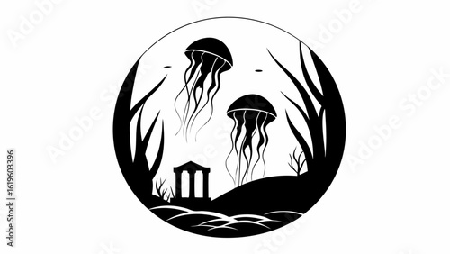 Two jellyfish floating above a temple ruin near the shore within a circular black and white design