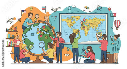 Kids learning world geography global education illustration
