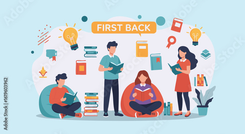 Back to School Students Reading and Learning Flat Vector Illustration