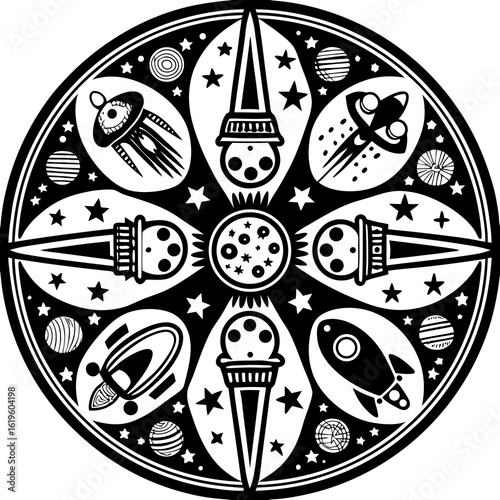 A captivating black and white mandala featuring space elements like rockets, planets, and ice cream cones, creating a whimsical cosmic design