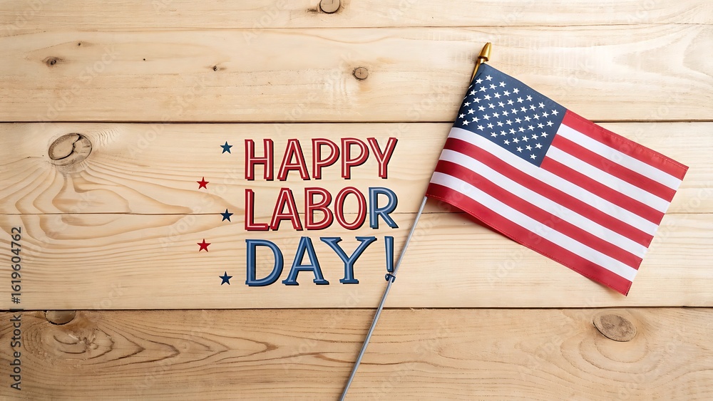 Obraz premium Happy Labor Day message with USA flag on rustic wooden backgroundPatriotic Labor Day greeting with American flag and wood textureLabor Day celebration text with stars and stripes on wooden surface