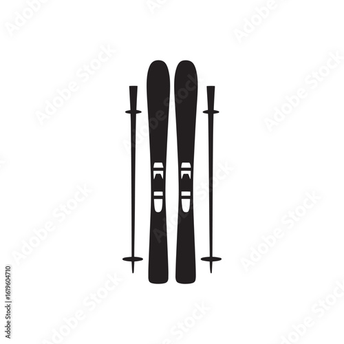 Black skis and poles icon winter