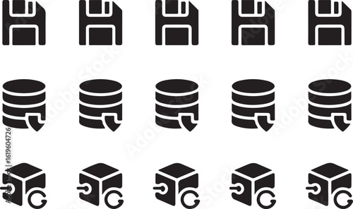 Floppy disk database cube icons secure vector