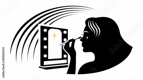 Silhouette of a woman applying makeup in front of a lighted vanity mirror with curved line accents