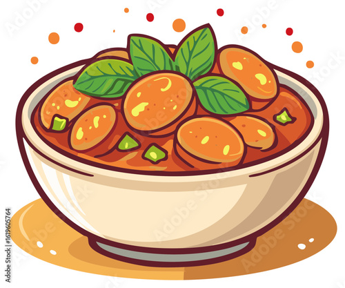 Cartoon illustration of a hot bowl of potato curry with fresh basil garnish