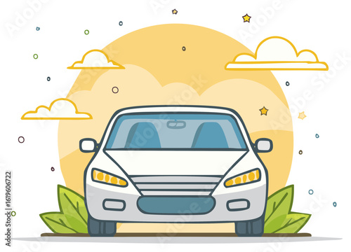 Cartoon Car Illustration with Clouds and Leaves, White Vehicle with Yellow Headlights Front View, Automotive Design