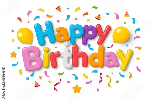 Happy Birthday Confetti Text on White Background