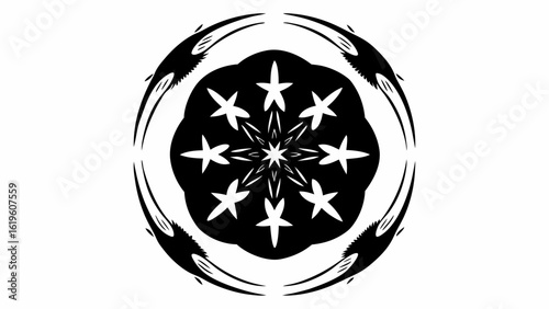 Black and white abstract circular design with stars and curved shapes surrounding the central pattern