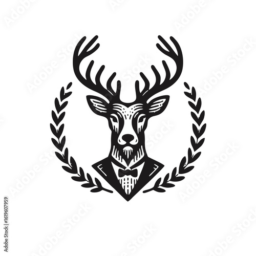 Elegant deer head wearing a tuxedo and bow tie, framed by a laurel wreath, in a black and white vector illustration.