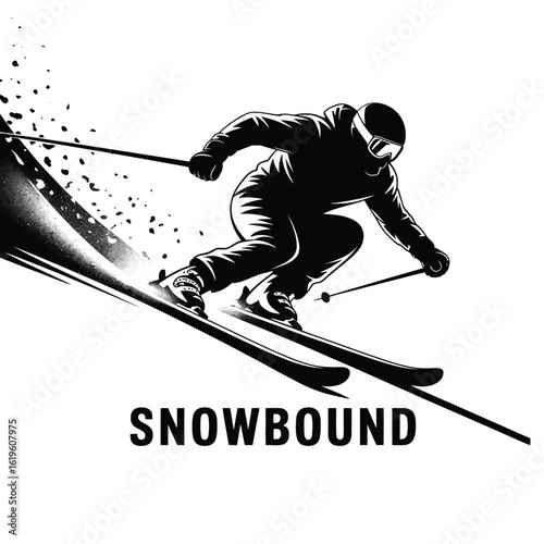Dynamic black and white silhouette of a skier in action