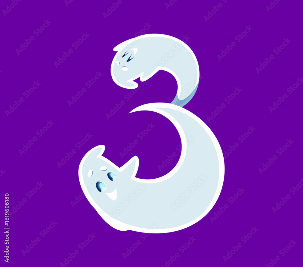 Obraz premium Halloween font 3 digit ghost cartoon funny character. Spooky creature or spirit latin alphabet three digit cute personage or English ABC vector figure or number, Halloween ghost font numeral symbol