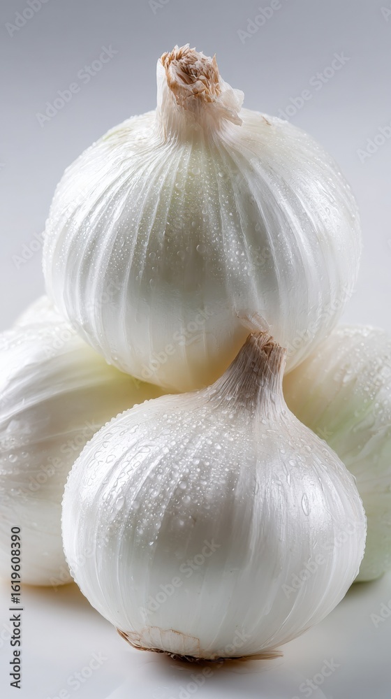 Obraz premium Fresh Whole Garlic Bulbs with Water Droplets on White Surface for Cooking, Cuisine, and Healthy Food Concepts