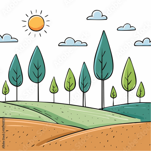 Reforested landscape shows new trees growing on a sunny day