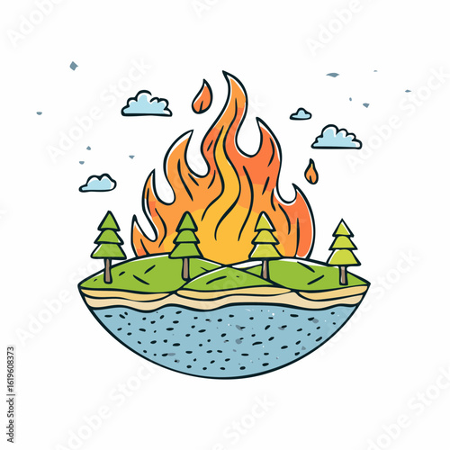 Landscape engulfed in flames, a cartoon suggesting environmental crisis