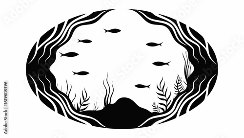 Black and white oval scene of fish swimming among seaweed and a small hill in an underwater setting