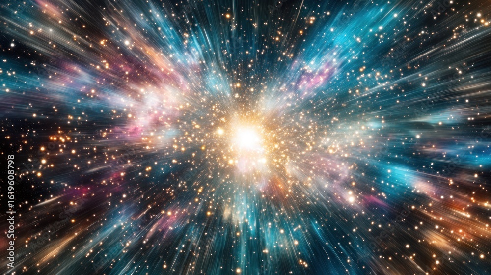 Obraz premium Cosmic explosion, radiant nebula with streaking light rays.