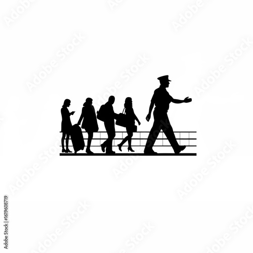 Silhouette of a security officer guiding travelers in a queue