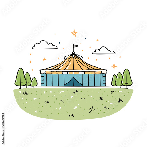 Outdoor stage with tent roof on Green Field under Clouds and Star