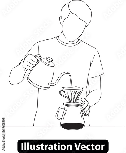Line art illustration of a person making pour-over coffee with a gooseneck kettle
