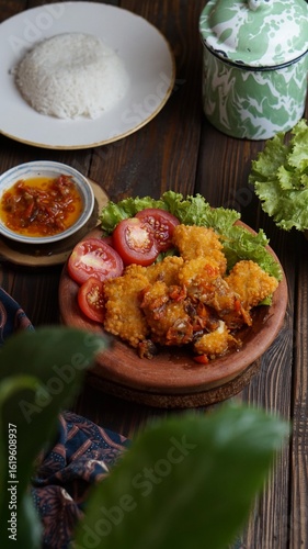 Chicken nugget with sambal, ayam geprek indonesian food crispy fried chicken 