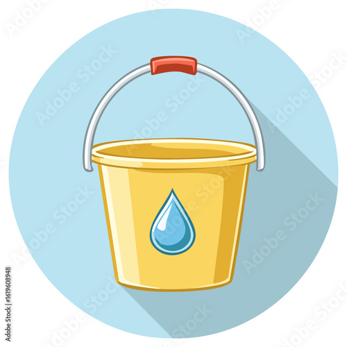 Yellow Water Bucket Graphic Vector Cartoon Illustration With Single Blue Waterdrop Icon