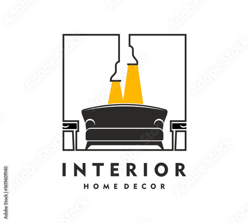 Home interior icon for design studio or decor salon and furniture store, vector symbol. Home interior icon with sofa, lamp light and tables in line silhouette for living comfort or apartments design
