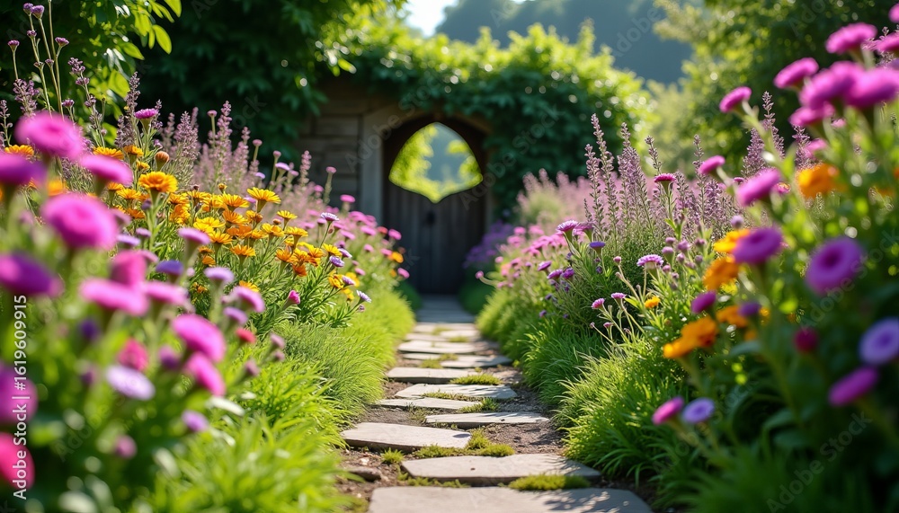 Secret Garden Pathway Through Blooming Flowers Rustic Wooden Gate and Sun-Dappled Leaves A Magical and Enchanting Escape Secret Garden Pathway Through Blooming Flowers Rustic Wooden Gate and Sun-Dappled Leaves A Magical and Enchanting Escape