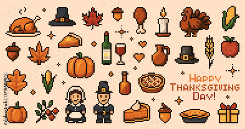 Y2k Thanksgiving day 8bit pixel game icons and stickers. Vector set of retro turkey, pumpkin, pie, corn, wine, candles, gifts and pilgrims. Fall leaves, acorn, seasonal harvest holiday food patches
