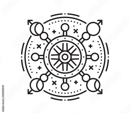 Pirate ship wheel esoteric line symbol. Filibuster marine esoteric outline vector symbol, buccaneer pirate nautical sacred thin line sign. Corsair sailing tattoo with medieval vessel steering wheel