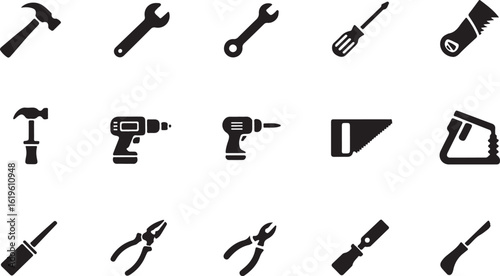 Hammer wrench drill saw pliers chisel tool set vector