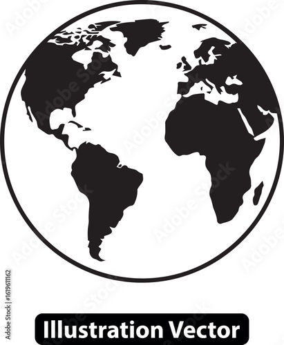Simple black and white globe icon showing Earth's continents. World map vector.