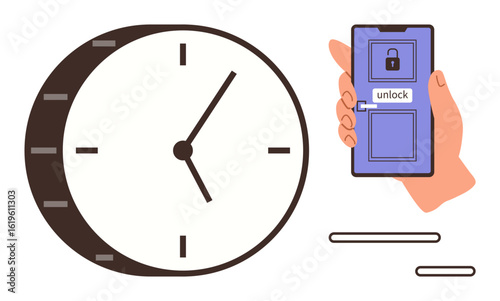 Clock beside hand holding smartphone displaying lock icon and unlock button, signifying time-sensitive access. Ideal for security, time management, technology, productivity, deadlines, digital