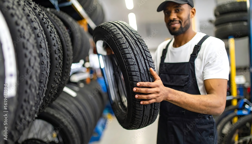 Fototapeta premium Mechanic holding tire in store