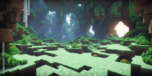 An immersive pixelated forest-inspired landscape featuring lush green hills, blocky terrain, and a serene atmosphere, ideal for gaming, fantasy, or nature-themed creative projects.