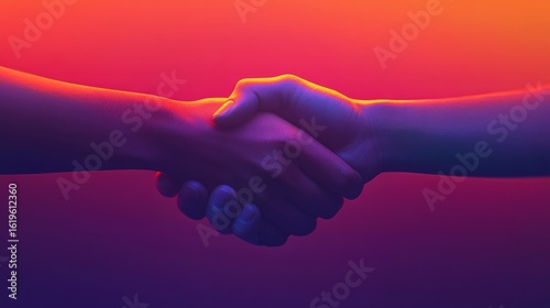 Close-up of two hands shaking against a vibrant red and purple background.