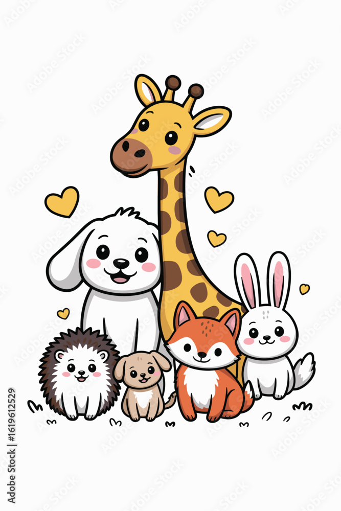 Obraz premium Friendly Animals Gathered Around a Tall Giraffe