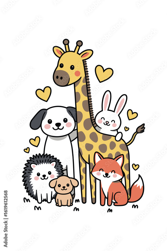 Fototapeta premium Friendly Animals Gathered Around a Tall Giraffe