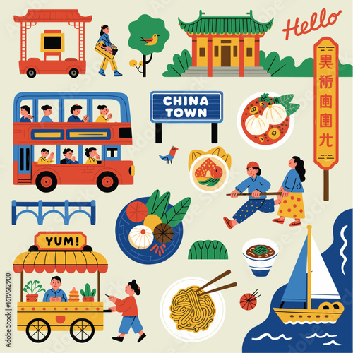 Vibrant Chinese Neighborhood Scene with Food and Culture