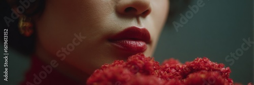 Wallpaper Mural Red lips whisper secrets of longing, Turkish Marigold Festival, Asian woman, vibrant floral mystery, hidden romantic allure Torontodigital.ca