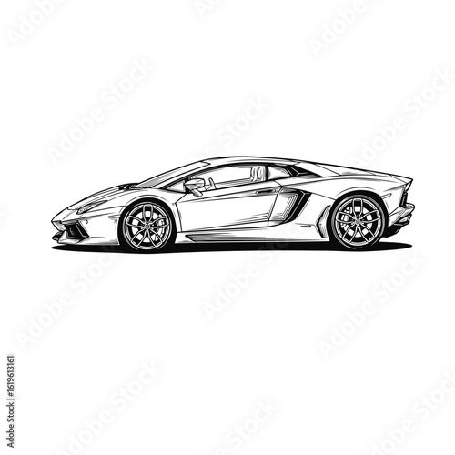 Sleek supercar illustration showcasing aerodynamic design and speed. Detailed line art of a modern exotic sports car on a white background.